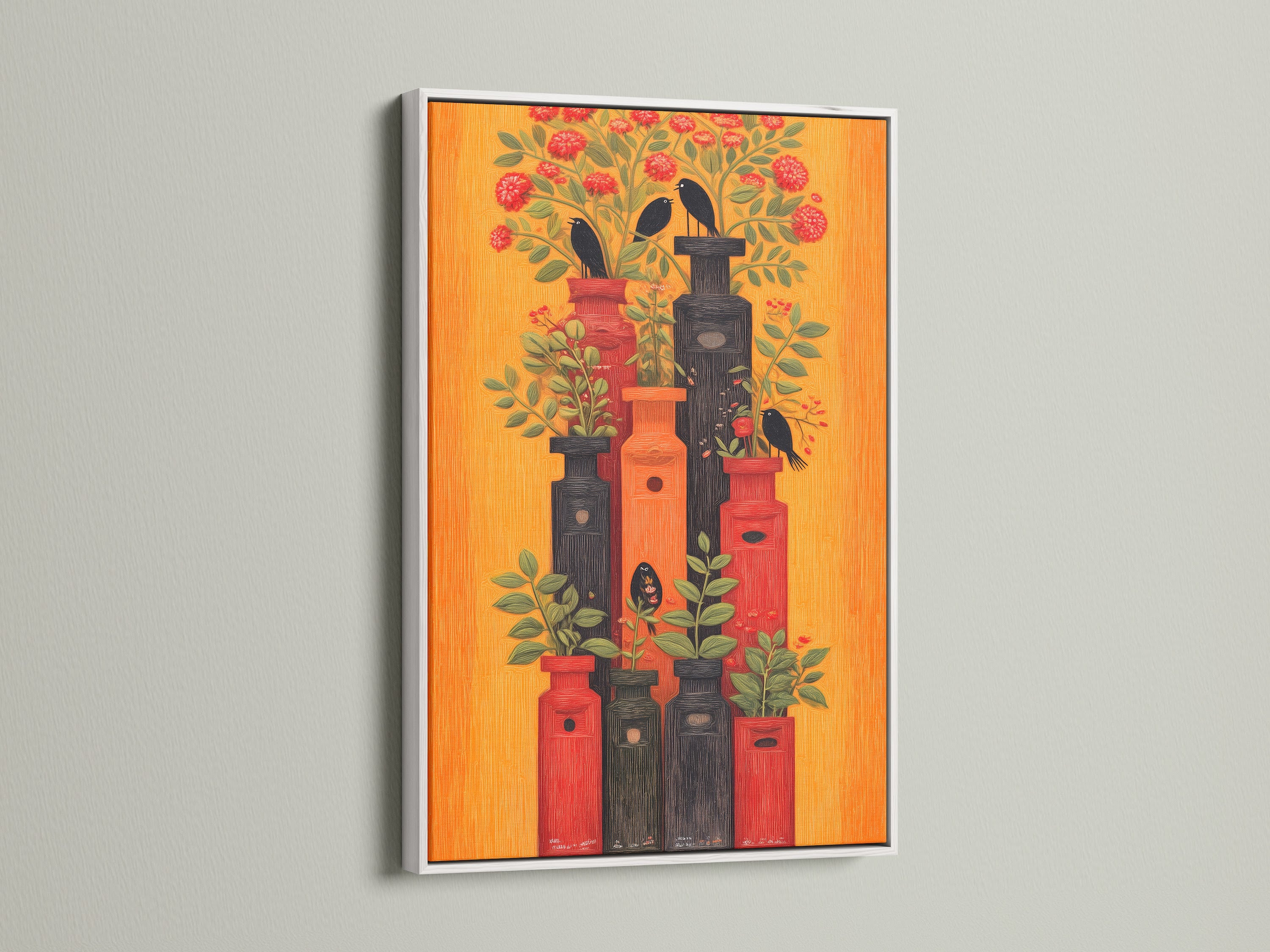 Botanical Birds Canvas Print in a white frame. This retro floral wall art features an orange and red birdhouse artwork. Perfect vintage style art for a sunroom. A red flower print brings nature indoors.