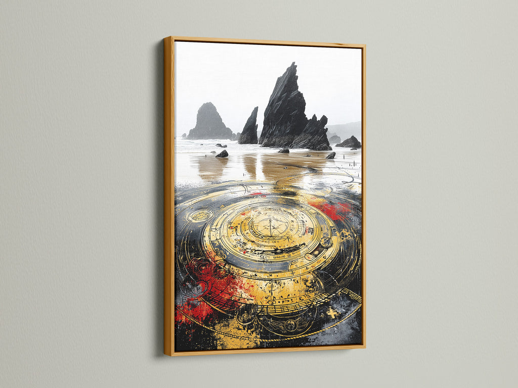 Elevate your walls with a gold frame featuring mystical compass art. The gold finish enhances the nautical feel of this canvas print. Perfect for living rooms bedrooms and office spaces.