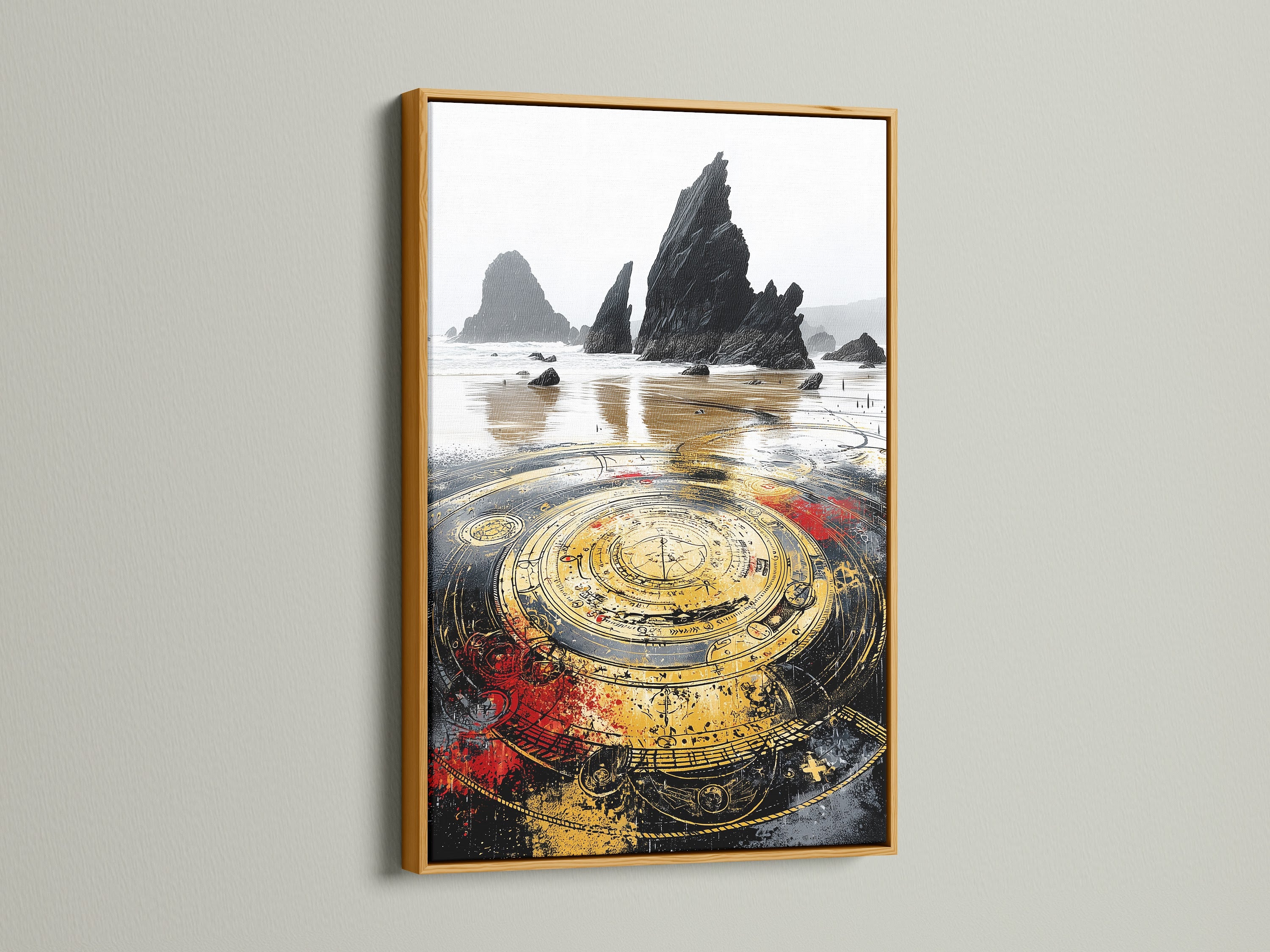 Elevate your walls with a gold frame featuring mystical compass art. The gold finish enhances the nautical feel of this canvas print. Perfect for living rooms bedrooms and office spaces.