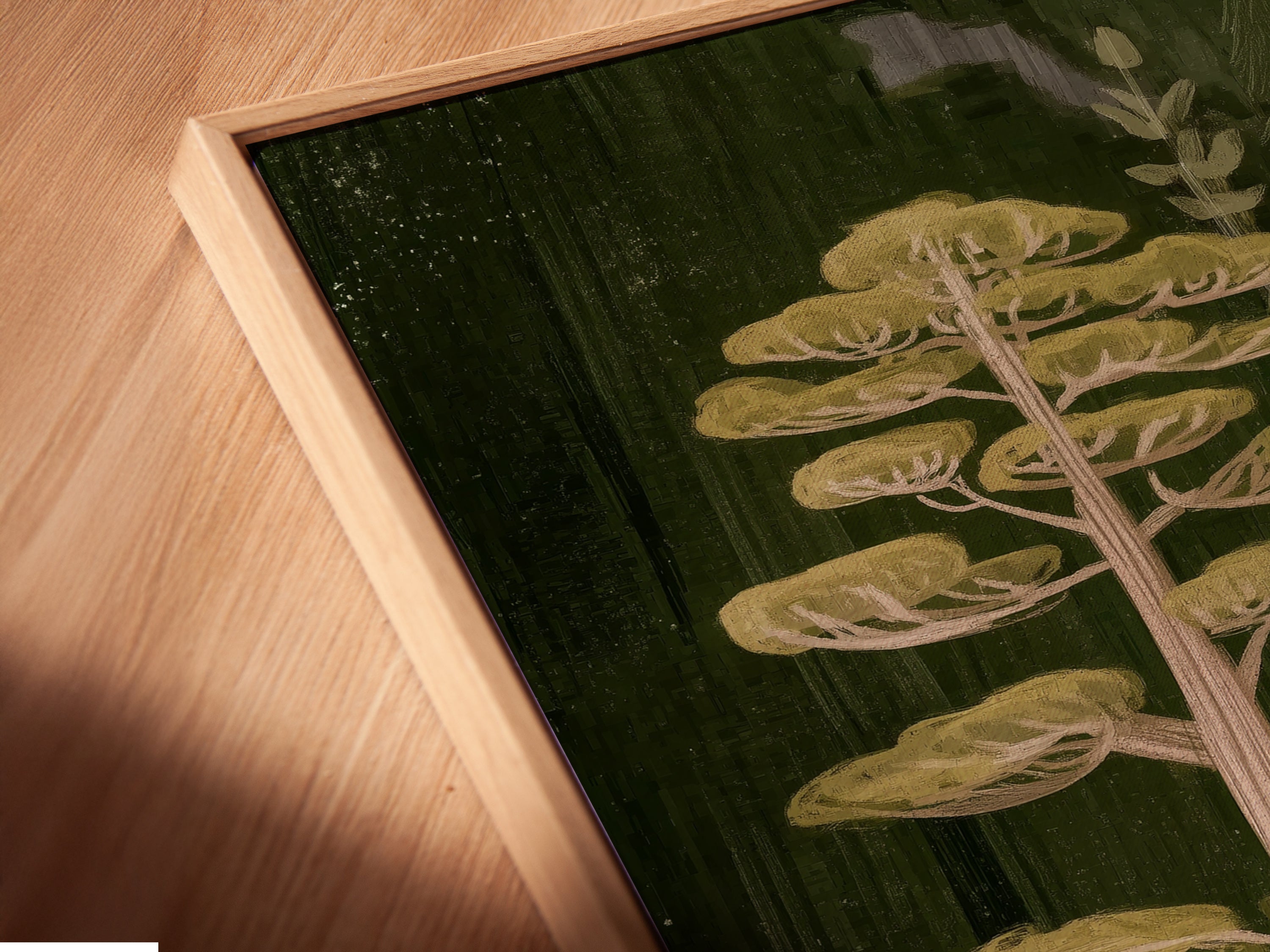 Close-up of a Lake and Canoe canvas print in a floating frame. The floating frame gives the artwork a gallery-like feel. It adds depth and dimension to the nature scene. Perfect for adding a touch of sophistication to your wall decor. Explore our rustic decor options.
