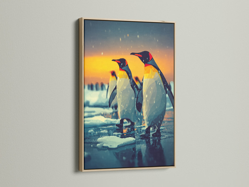 Penguin artwork in an oak frame. This arctic animal art is ideal for creating a cozy atmosphere. The sunset colors add warmth to any space. A great choice for nature wall art.