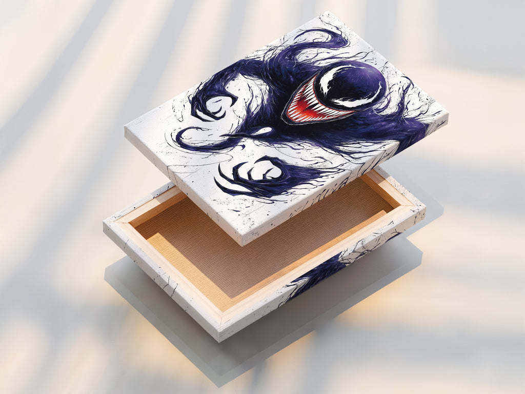 This stretched canvas print features a symbiote inspired monster. The gothic artwork adds a unique touch to any space. The dark creature art is ready to hang. It is perfect for horror and comic book fans.