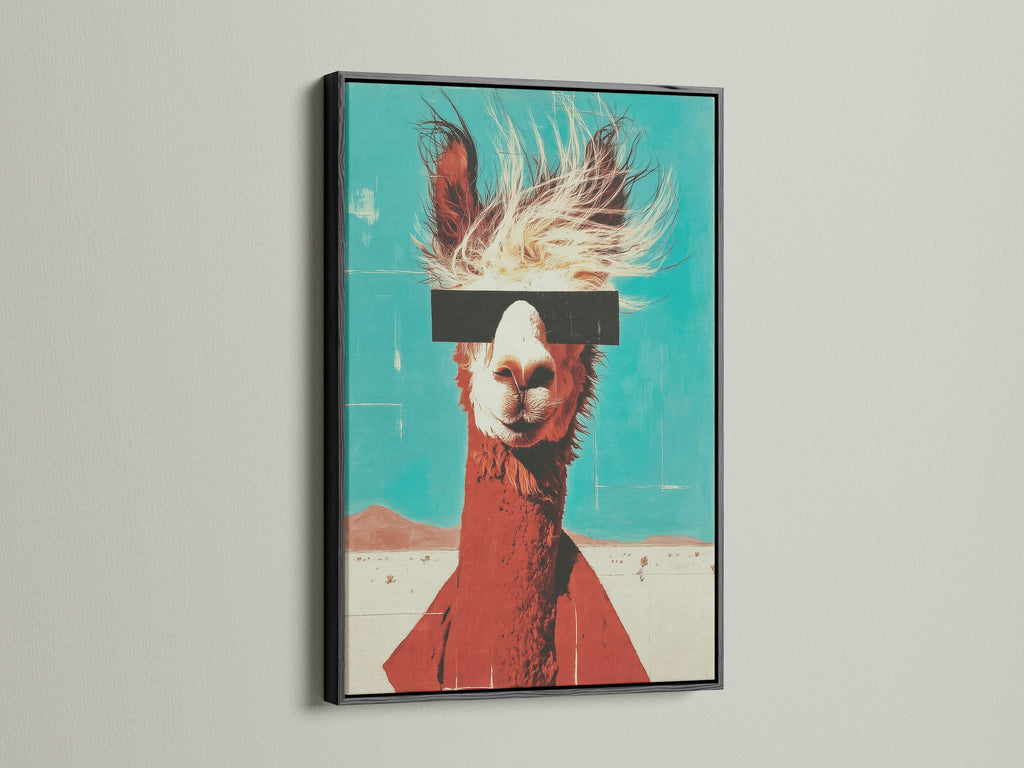 Llama artwork in a black frame is displayed. The black frame makes the colors pop. The retro teal and orange colors makes it a unique piece. A funny animal print for cool home decor.