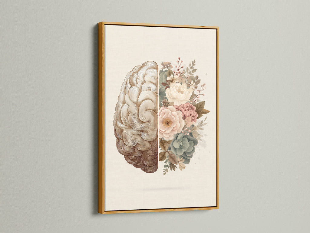 This framed floral brain artwork has a luxurious gold frame. The gold frame adds a touch of elegance to the art piece. The brain and flowers create a balanced and eye-catching design. This framed print is perfect for adding a sophisticated touch to your decor.