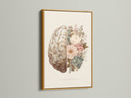This framed floral brain artwork has a luxurious gold frame. The gold frame adds a touch of elegance to the art piece. The brain and flowers create a balanced and eye-catching design. This framed print is perfect for adding a sophisticated touch to your decor.