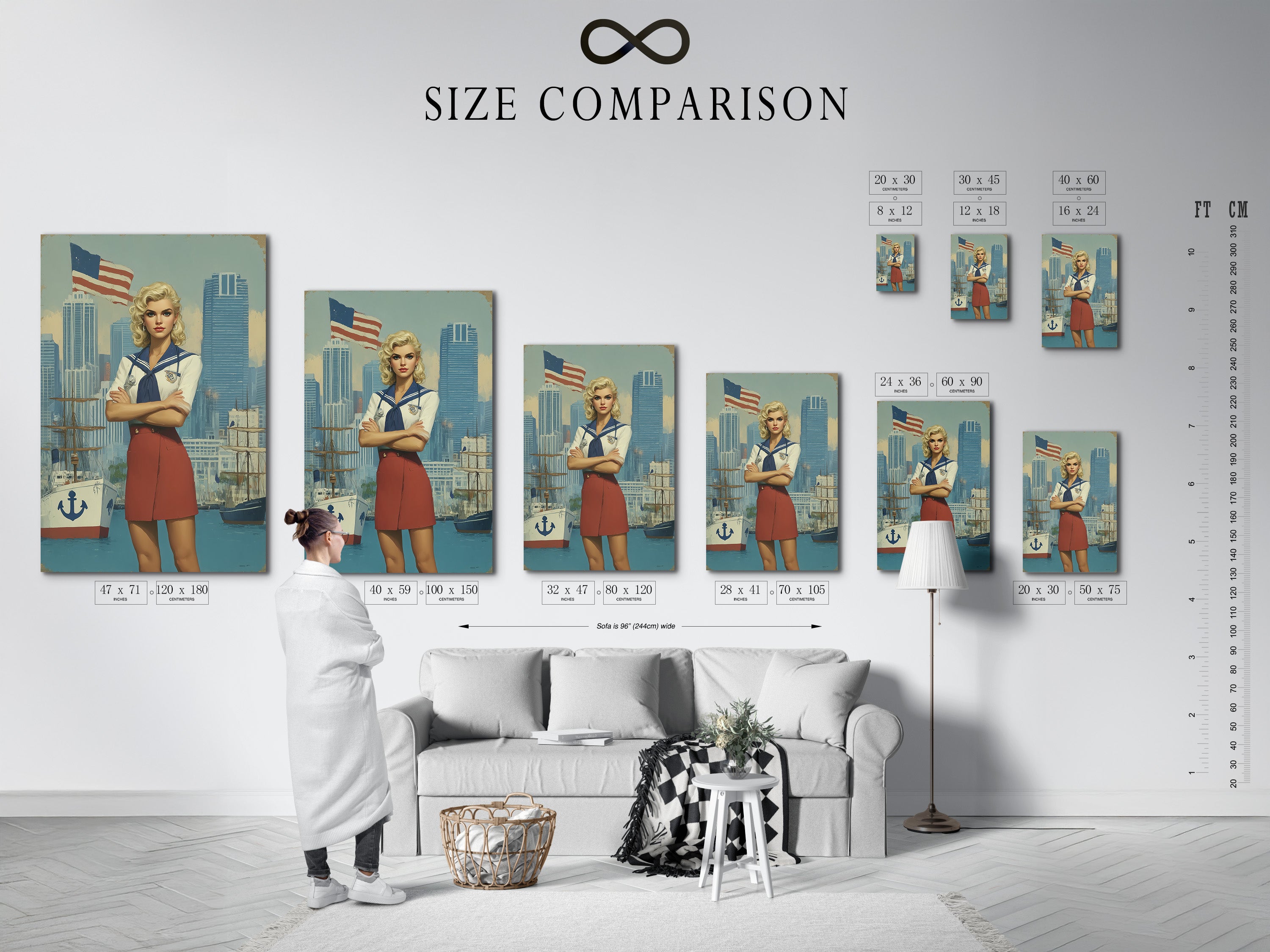 Size comparison chart for nautical artwork in an interior setting. See how different sizes fit your space. Find the perfect retro Americana print for your home. Visualize your artwork today.