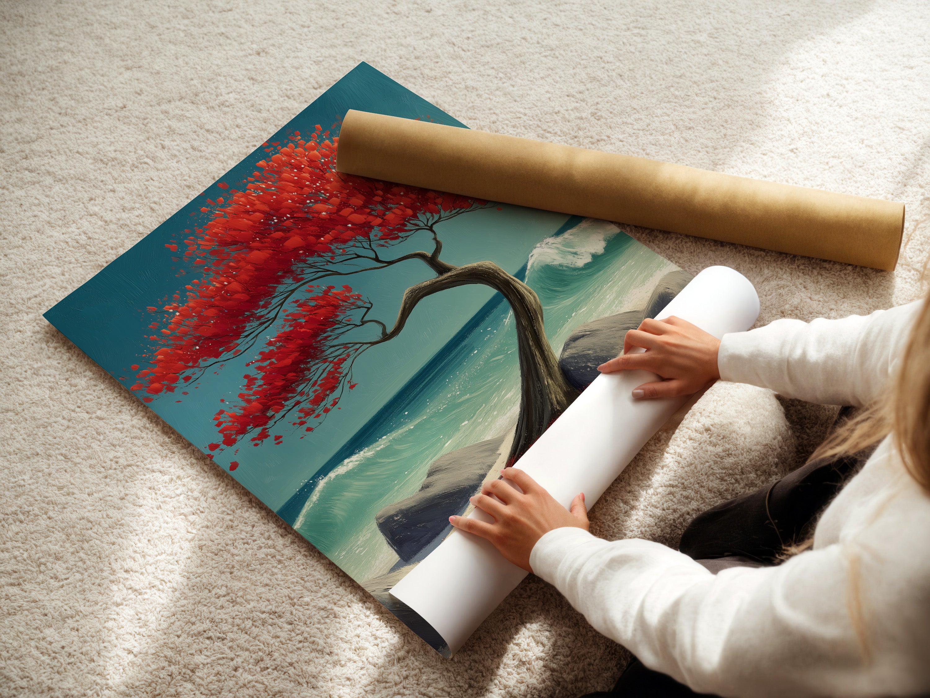 A woman is carefully rolling a fine art poster paper. The poster features a coastal tree artwork. This fine art poster captures a red bonsai tree on a beach with turquoise ocean waves. Ideal for coastal and tropical styles.