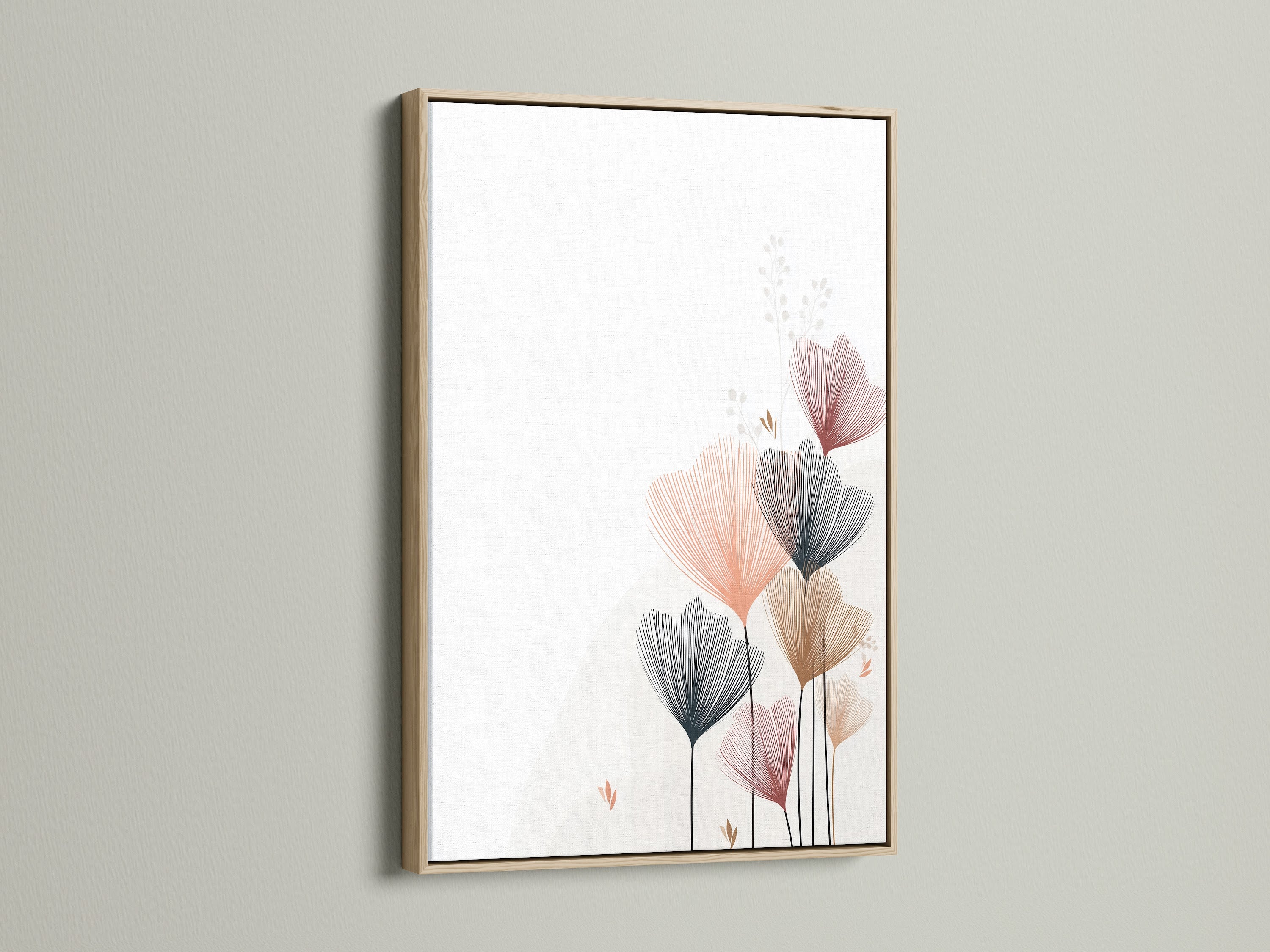 A close-up shot reveals a floral line art print framed in oak. The botanical artwork brings a modern touch to any room. Soft neutral tones enhance the abstract flowers. Ideal for minimalist spaces and scandi decor. This flower canvas elevates bedroom decor.