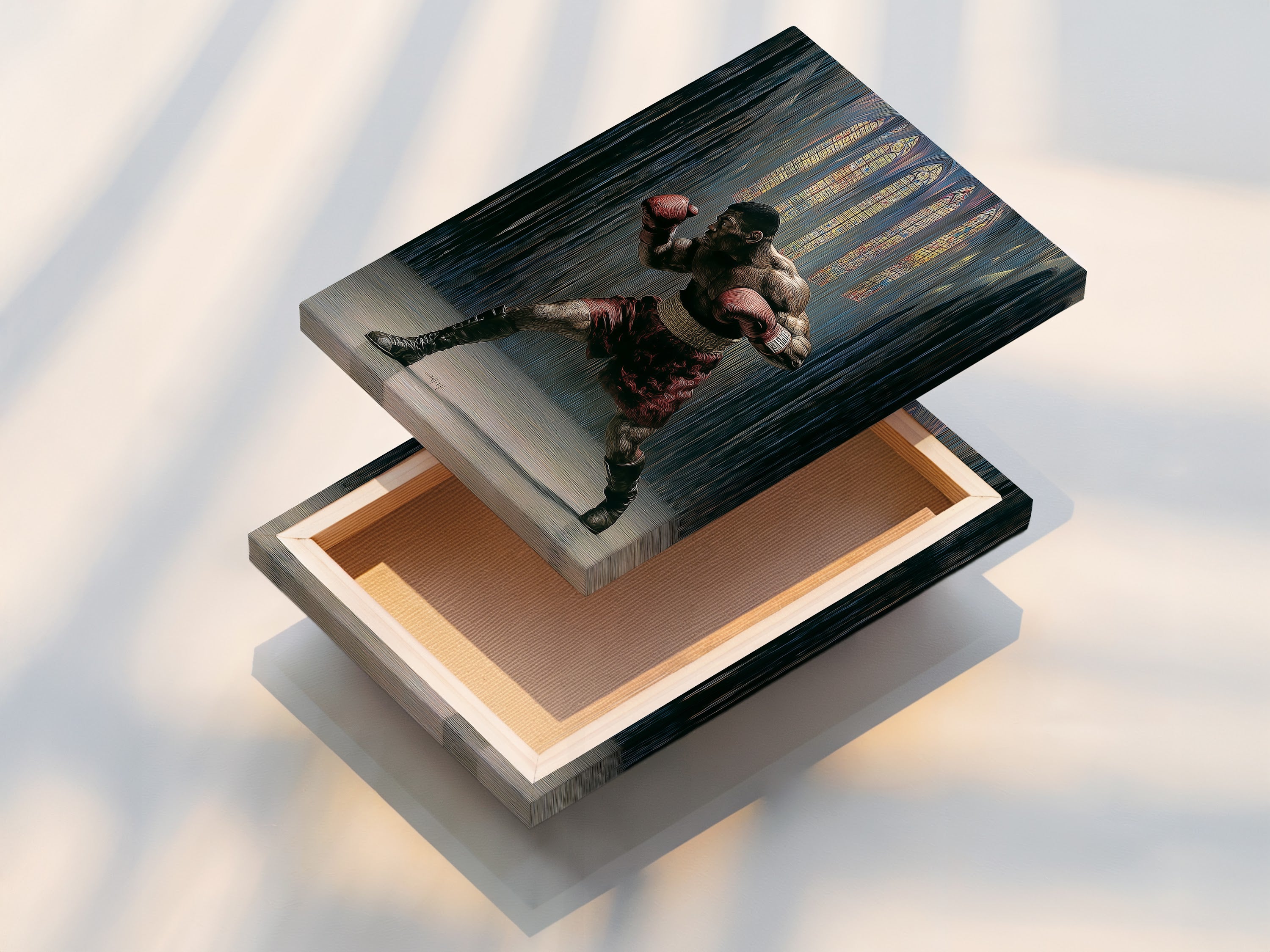 A stretched canvas print featuring vintage boxing artwork. The gothic sports canvas print is ready to hang. Perfect fighter wall art for man cave decor. This stretched canvas enhances sports room decor. The boxing artwork is displayed in high quality. Ready to transform your masculine wall art.