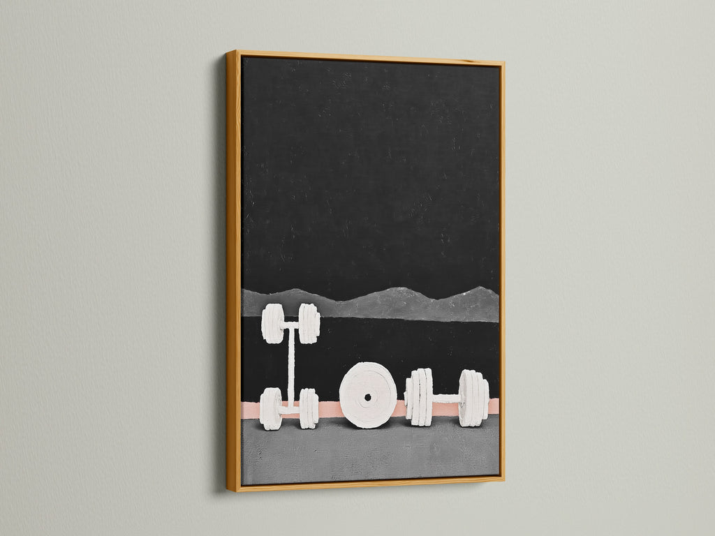 The gold frame highlights modern gym weights artwork. This fitness wall art features an abstract dumbbell design. The gold frame brings elegance to gym decor. It's a perfect gift for fitness fanatics. Add a touch of luxury to your workout space with this unique print.