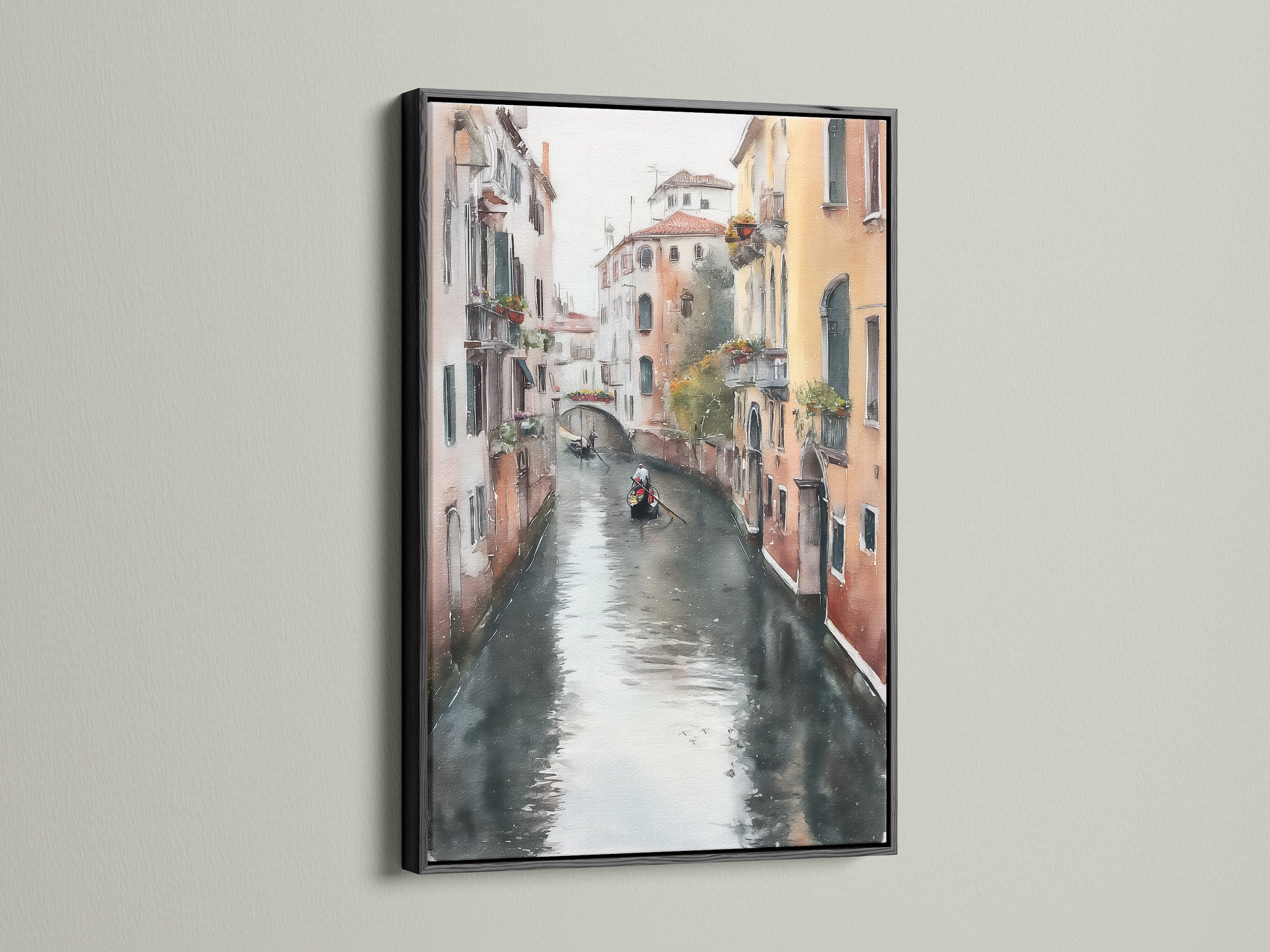 This Venice Canal art is showcased in a black frame. The Italian artwork adds a sophisticated touch to any space. It's perfect for homeowners and apartment dwellers seeking coastal and tropical style decor.