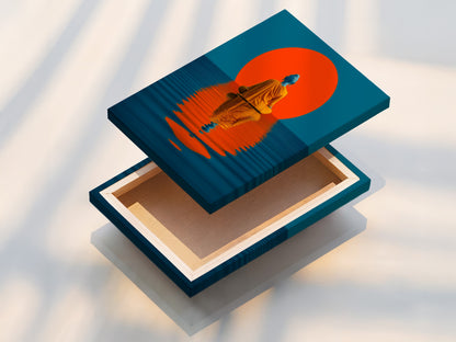 The stretched canvas print showcases the teal and orange Buddha artwork. This contemporary wall decor is ready to hang. It adds a touch of zen to any room. Perfect for living rooms bedrooms and studios. The spiritual theme creates a calming atmosphere.