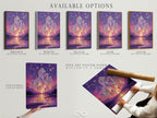 Available options for the Crystal Fantasy Art Print. Choose from a stretched canvas print fine art poster paper or a floating frame. Create your perfect mystical purple landscape today with our surreal artwork options.