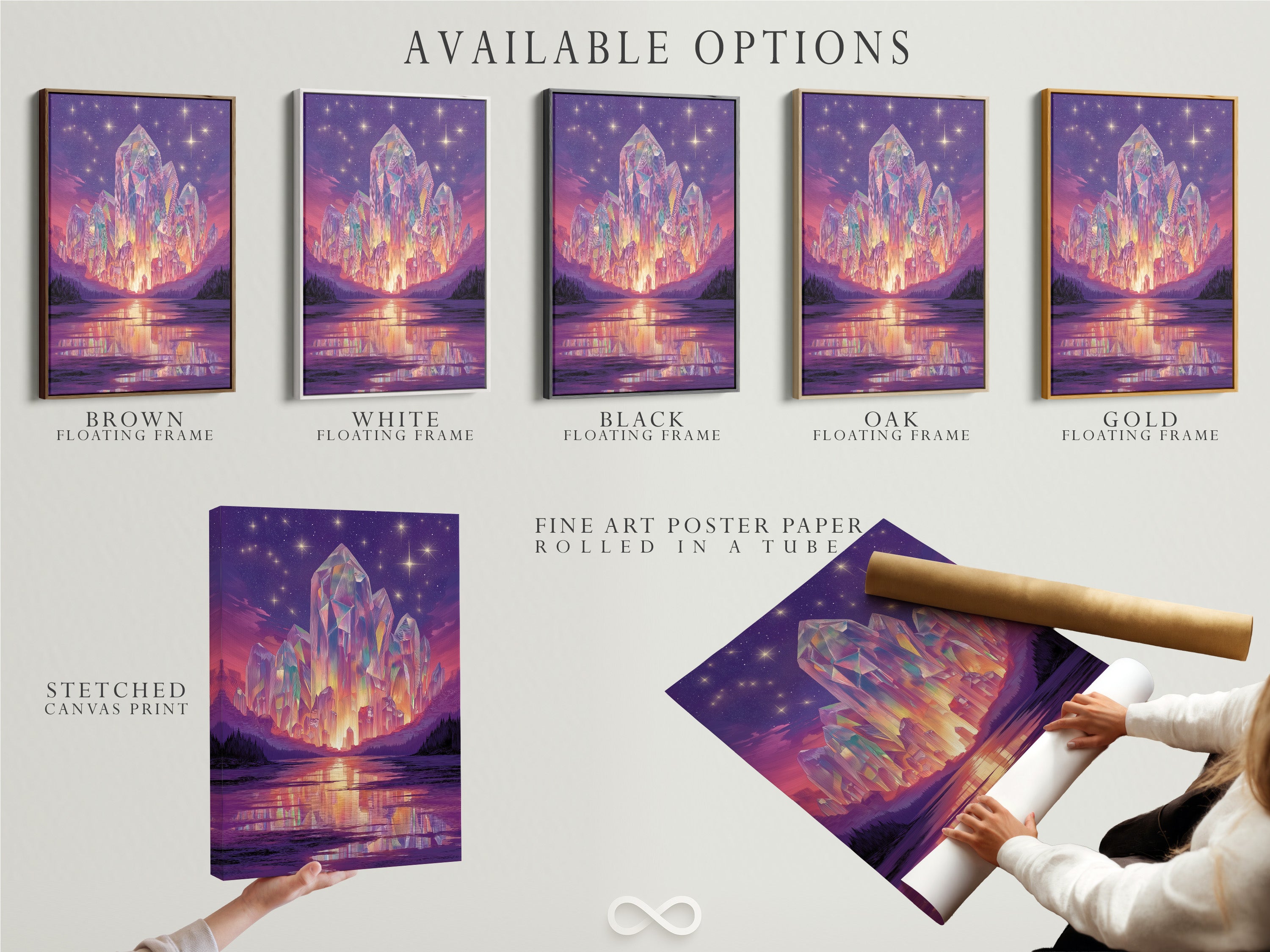 Available options for the Crystal Fantasy Art Print. Choose from a stretched canvas print fine art poster paper or a floating frame. Create your perfect mystical purple landscape today with our surreal artwork options.