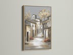 An oak frame showcases a beautiful street scene artwork. The oak frame adds warmth to the piece. It creates a classic touch. Elevate your artwork with this elegant frame option.