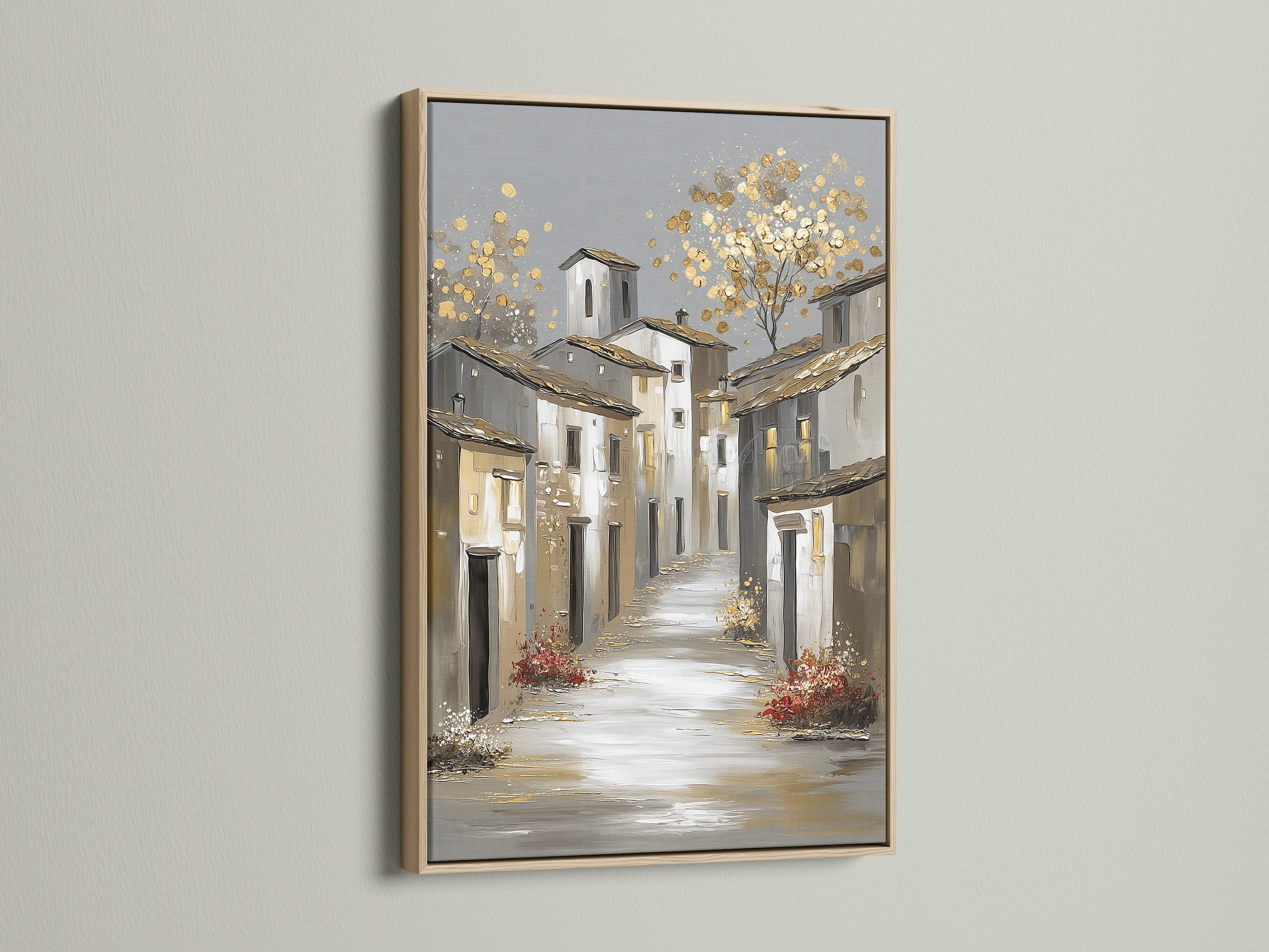 An oak frame showcases a beautiful street scene artwork. The oak frame adds warmth to the piece. It creates a classic touch. Elevate your artwork with this elegant frame option.