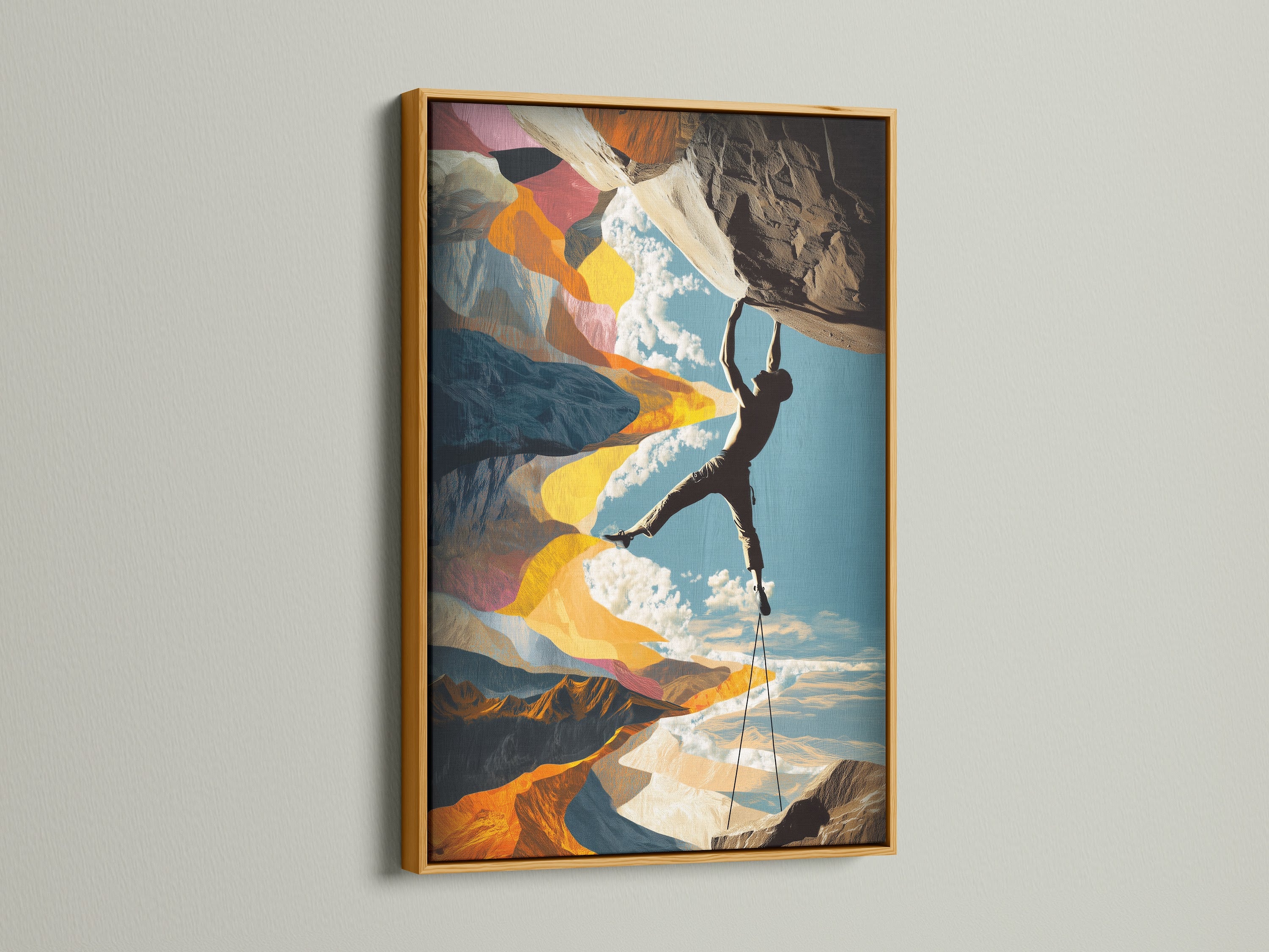 A gold frame surrounds this rock climbing artwork. Add an adventure canvas to your wall. This mountain sports art is perfect for your office. It makes a great extreme sports gift. It is a great piece for sports wall decor