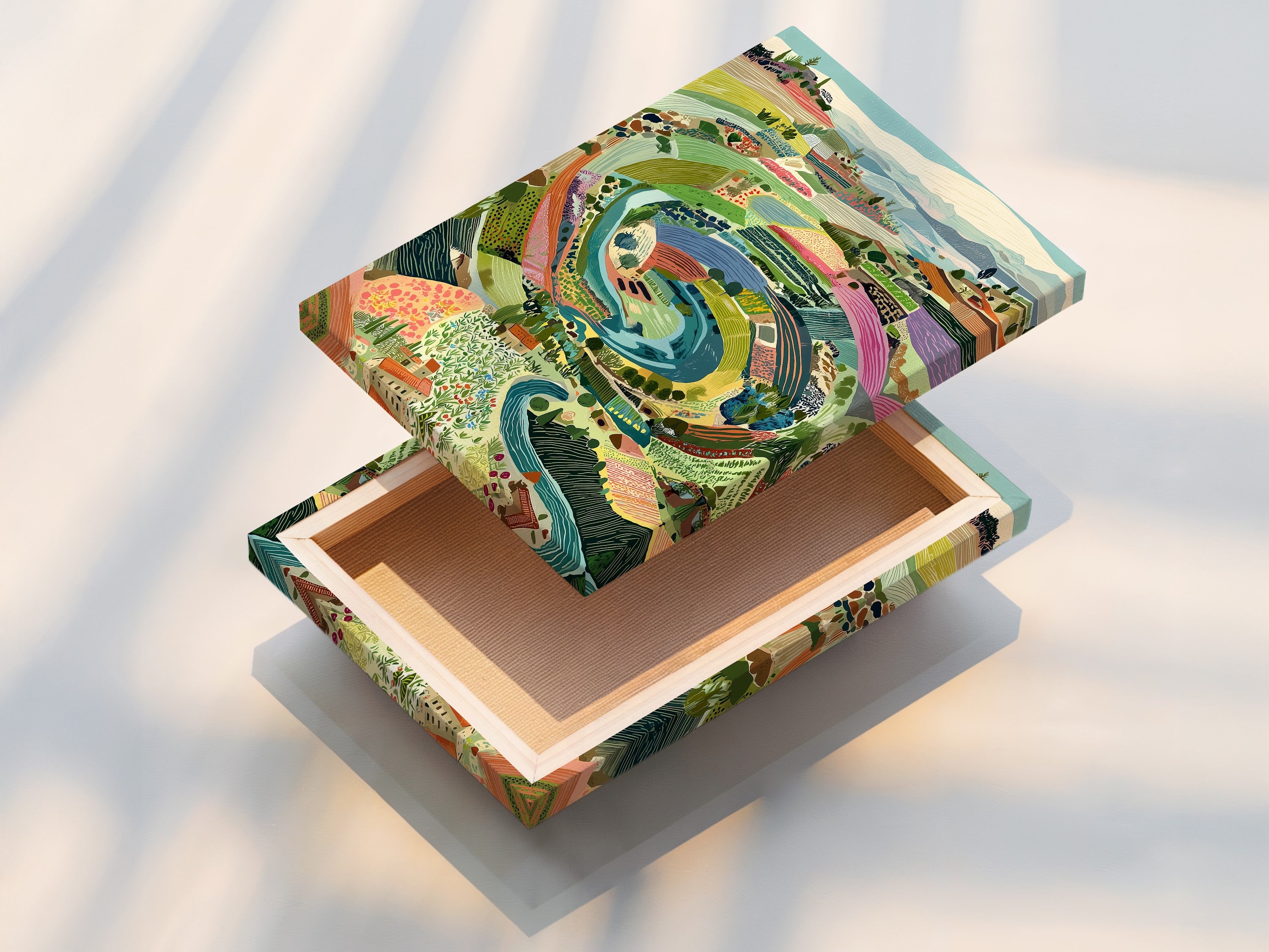 A stretched canvas print of an Italian Landscape. The Tuscan countryside is the perfect farmhouse wall art. A colorful artwork for your kitchen. The primary color is green and the secondary color is beige.