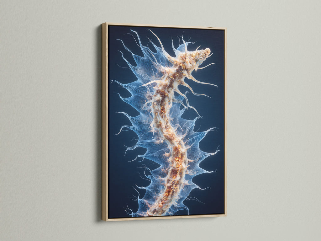 Abstract artwork is showcased in an oak frame. The natural wood grain enhances the art. Perfect for adding warmth to any space. This frame brings nature indoors.