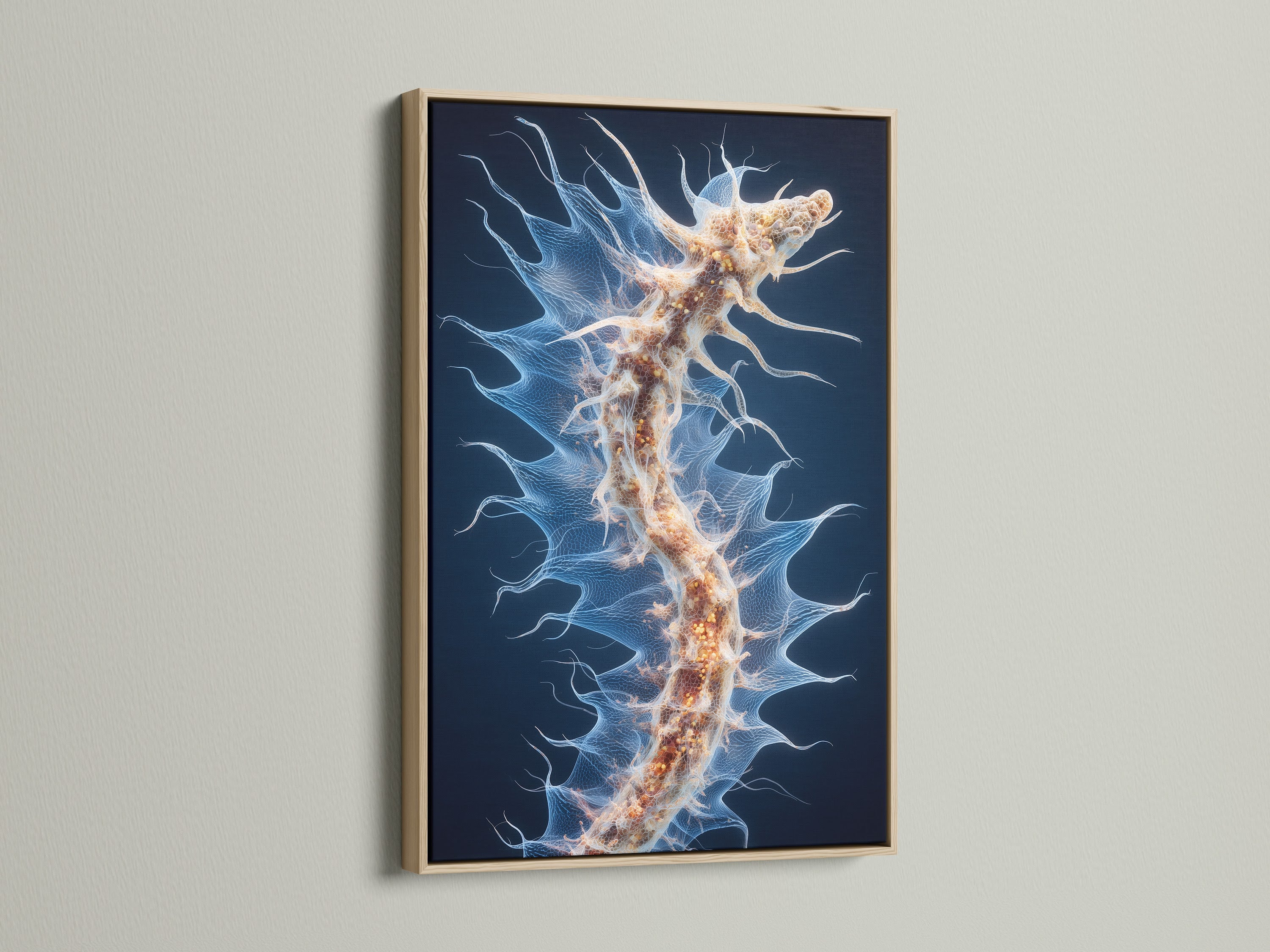 Abstract artwork is showcased in an oak frame. The natural wood grain enhances the art. Perfect for adding warmth to any space. This frame brings nature indoors.