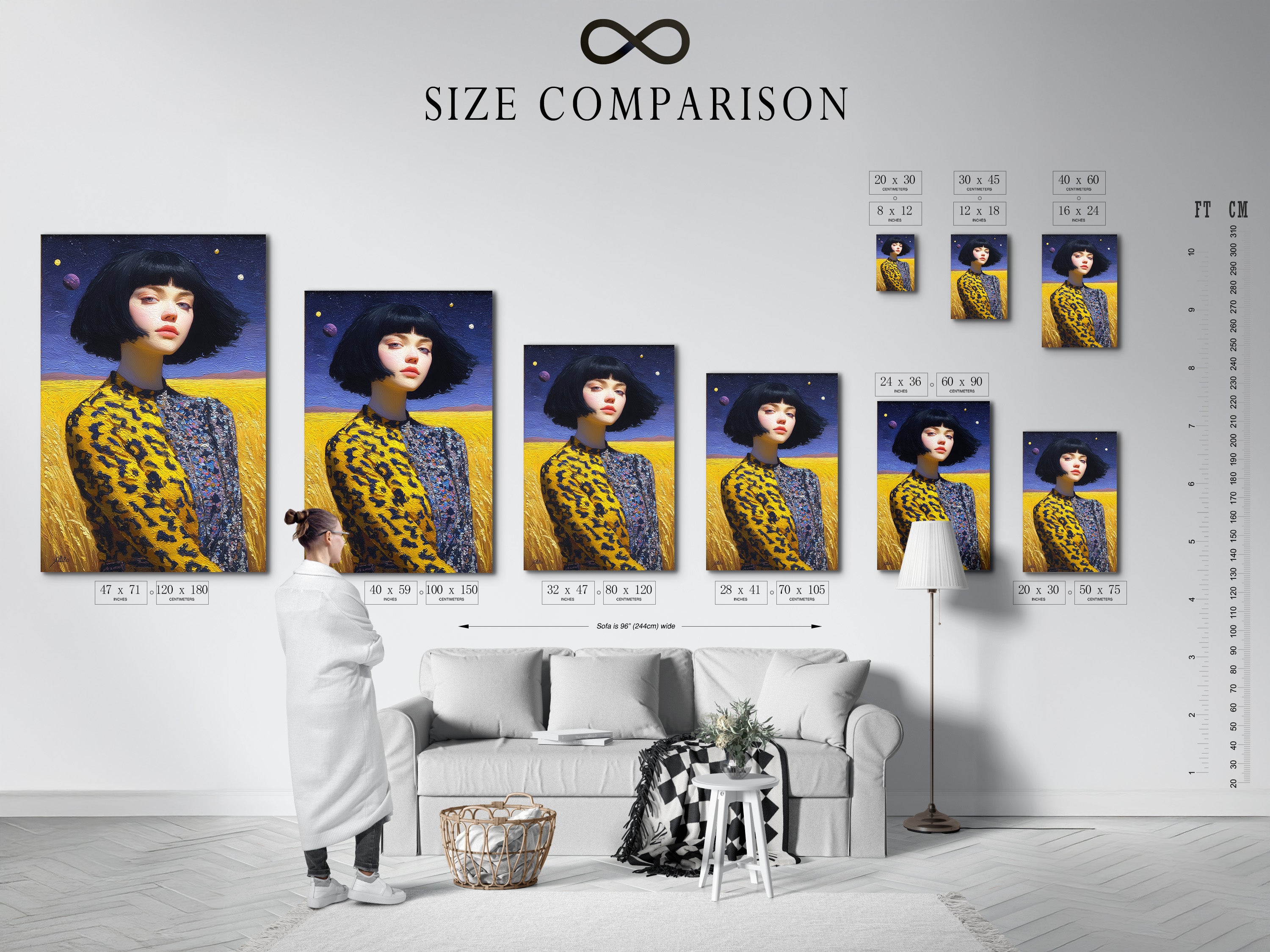 This size comparison chart is displayed in an interior setting. It shows the dimensions of the surreal portrait artwork. The artwork features a woman with a bob haircut. It helps you visualize the perfect size for your space.