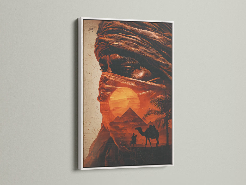 A clean white frame highlights this desert Bedouin artwork. The contrast makes the colors pop. This piece adds a touch of warmth to any space. Sahara prints and Arabic wall art bring a global feel. Perfect for living rooms bedrooms or office wall decor. The sunset canvas creates a calming effect.