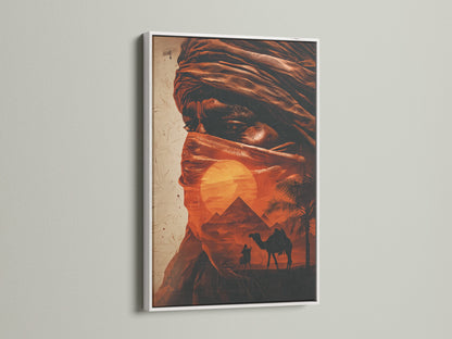 A clean white frame highlights this desert Bedouin artwork. The contrast makes the colors pop. This piece adds a touch of warmth to any space. Sahara prints and Arabic wall art bring a global feel. Perfect for living rooms bedrooms or office wall decor. The sunset canvas creates a calming effect.