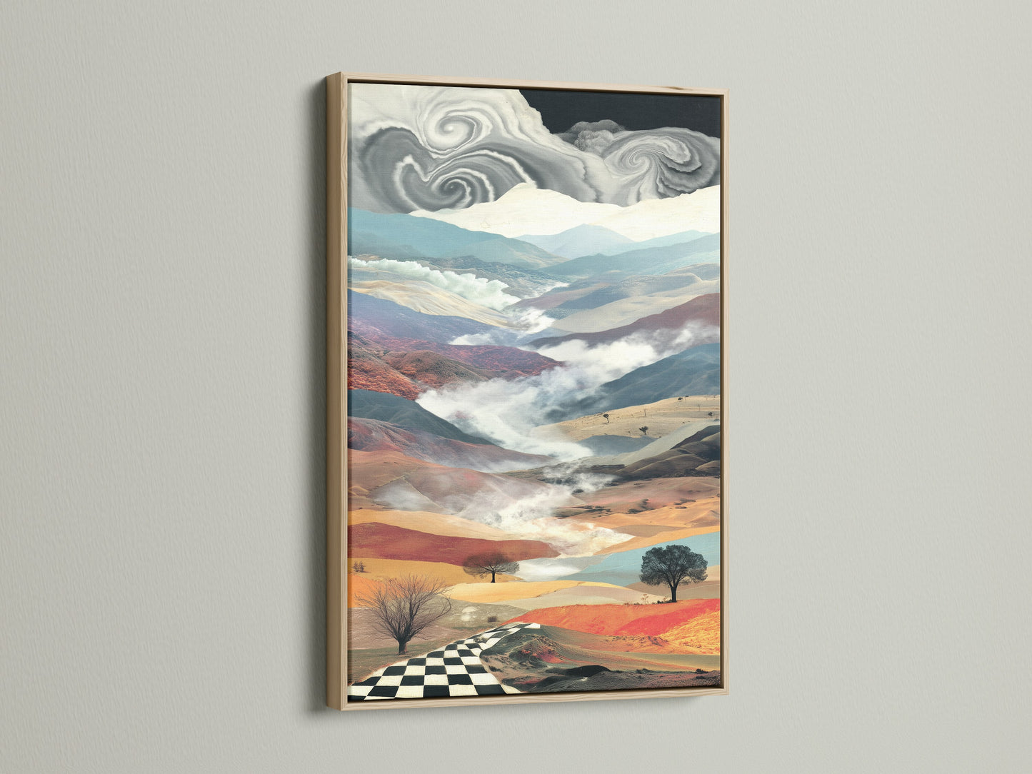 Oak frame showcases a surreal landscape artwork. Dreamy mountains and a checkered path add interest. This is perfect for living rooms bedrooms and home offices. Elevate your space with this modern art print.