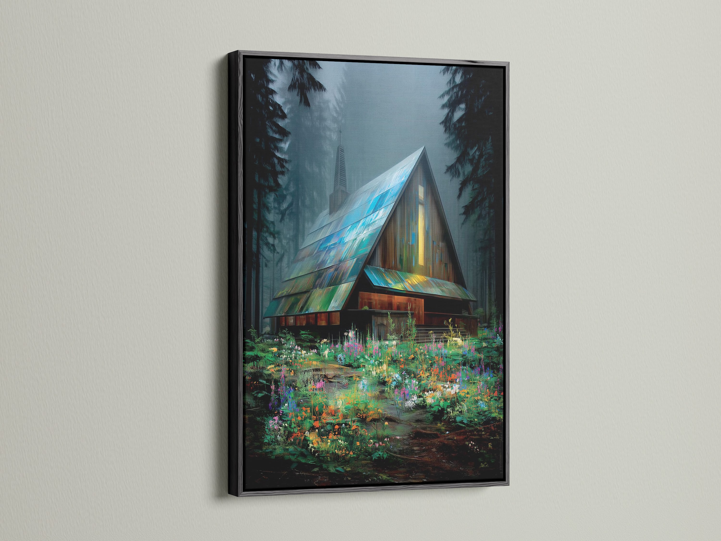 Here is a cabin in woods canvas print. The print has a black frame. The artwork is a colorful floral landscape. It is perfect for cottagecore decor. This scenery print adds woodland artwork to any room.