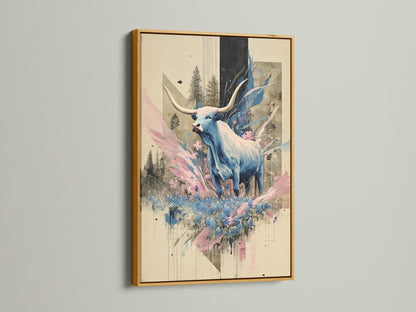 A bull art print with a gold frame. Contemporary animal canvas art featuring blue abstract wildlife. The gold frame adds a luxurious touch to this modern wall decor. Perfect for adding a touch of elegance to any room. This animal print is ideal for country and farmhouse style homes.