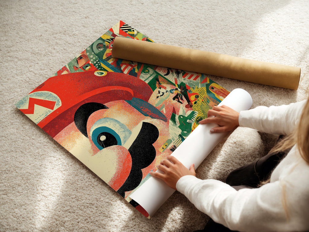 A woman carefully rolls a fine art poster paper. This ensures your Mario collage art print arrives in perfect condition. Get ready to display your new retro gaming wall art. High-quality Nintendo art print ready for your game room decor.