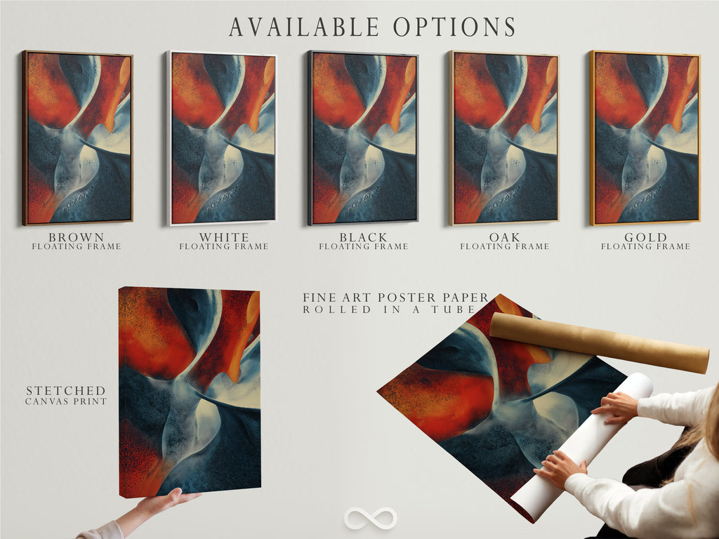 Available options for the artwork are displayed. Options include stretched canvas print fine art poster paper and floating frame. The artwork has abstract shapes in red white and blue. Choose the perfect option to suit your style. Customize your wall art today. Shop now and explore the possibilities.