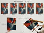 Available options for the artwork are displayed. Options include stretched canvas print fine art poster paper and floating frame. The artwork has abstract shapes in red white and blue. Choose the perfect option to suit your style. Customize your wall art today. Shop now and explore the possibilities.