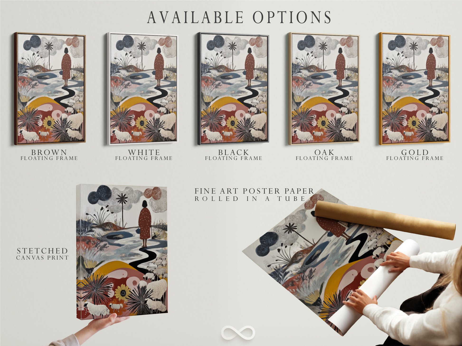 Available options include a stretched canvas print fine art poster paper and floating frame. The artwork features a figure walking along a winding path. Sheep graze in a field of flowers. Customize your artwork to match your style.