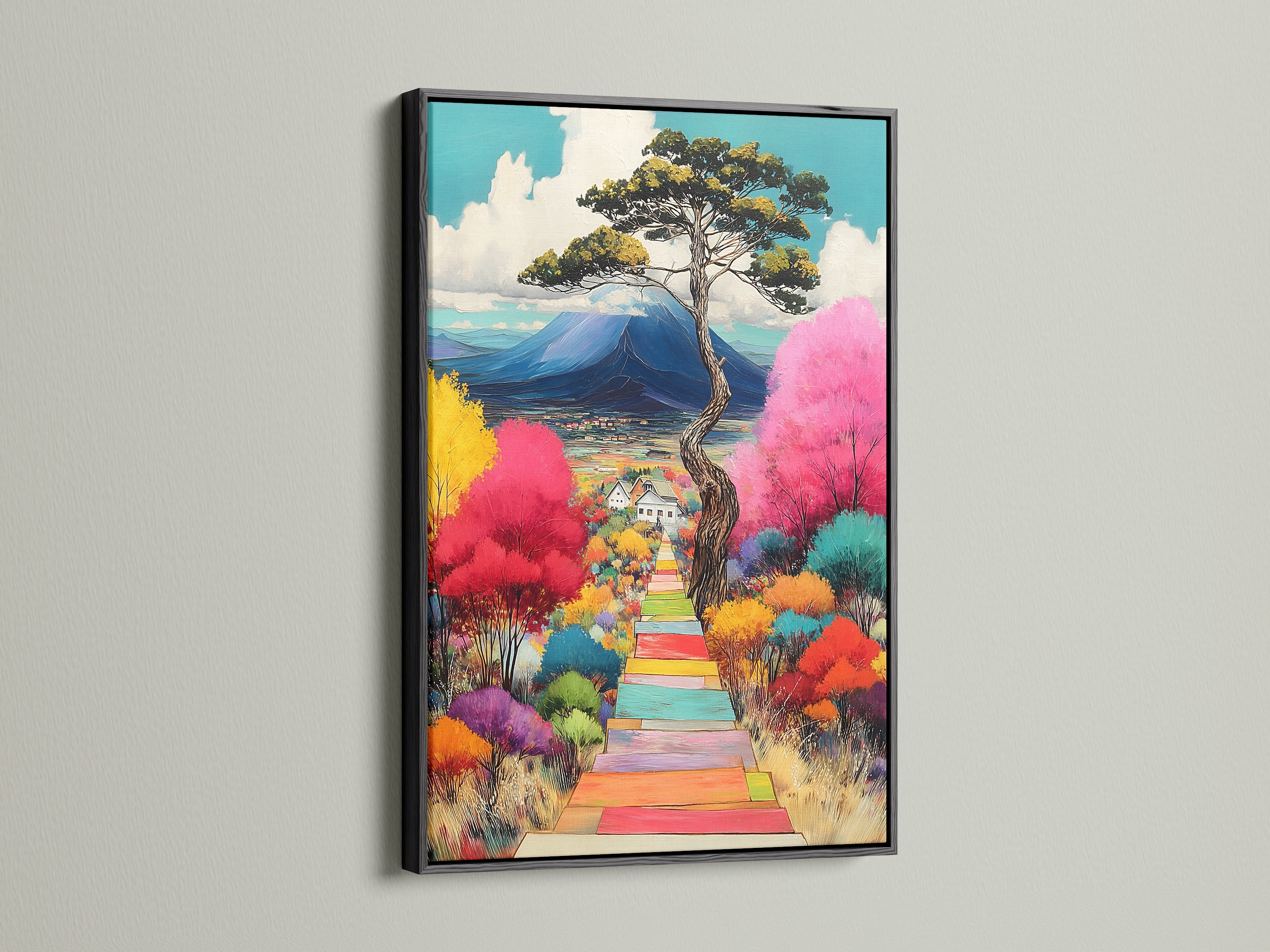 A striking black frame surrounds this colorful landscape artwork. The mountain canvas print is a modern statement piece. The vibrant artwork brings a touch of nature. Ideal for eclectic and modern home wall decor.