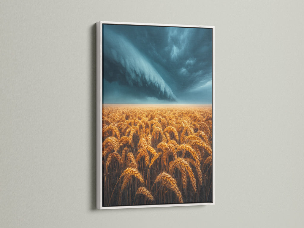 White frame displaying a wheat field artwork under a dramatic sky. This farmhouse style poster is perfect for a dining room. It adds a touch of nature artwork to your space. Consider it for bedroom wall decor. This golden field art evokes a peaceful feel.