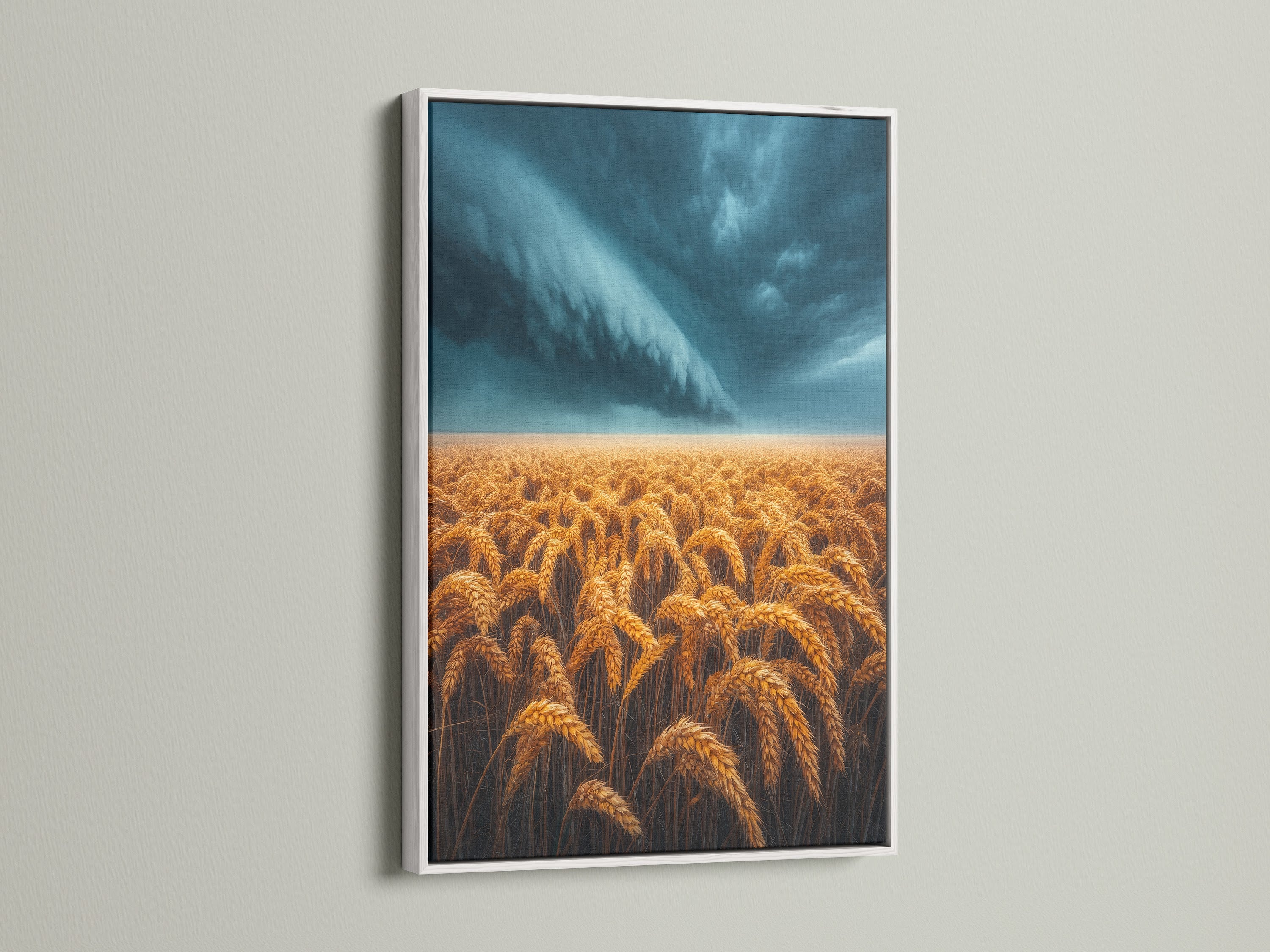 White frame displaying a wheat field artwork under a dramatic sky. This farmhouse style poster is perfect for a dining room. It adds a touch of nature artwork to your space. Consider it for bedroom wall decor. This golden field art evokes a peaceful feel.