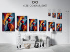 A size comparison chart is displayed in a stylish interior. The chart helps visualize different print sizes. This allows you to choose the perfect size for your space. Find the ideal artwork dimensions for your home.