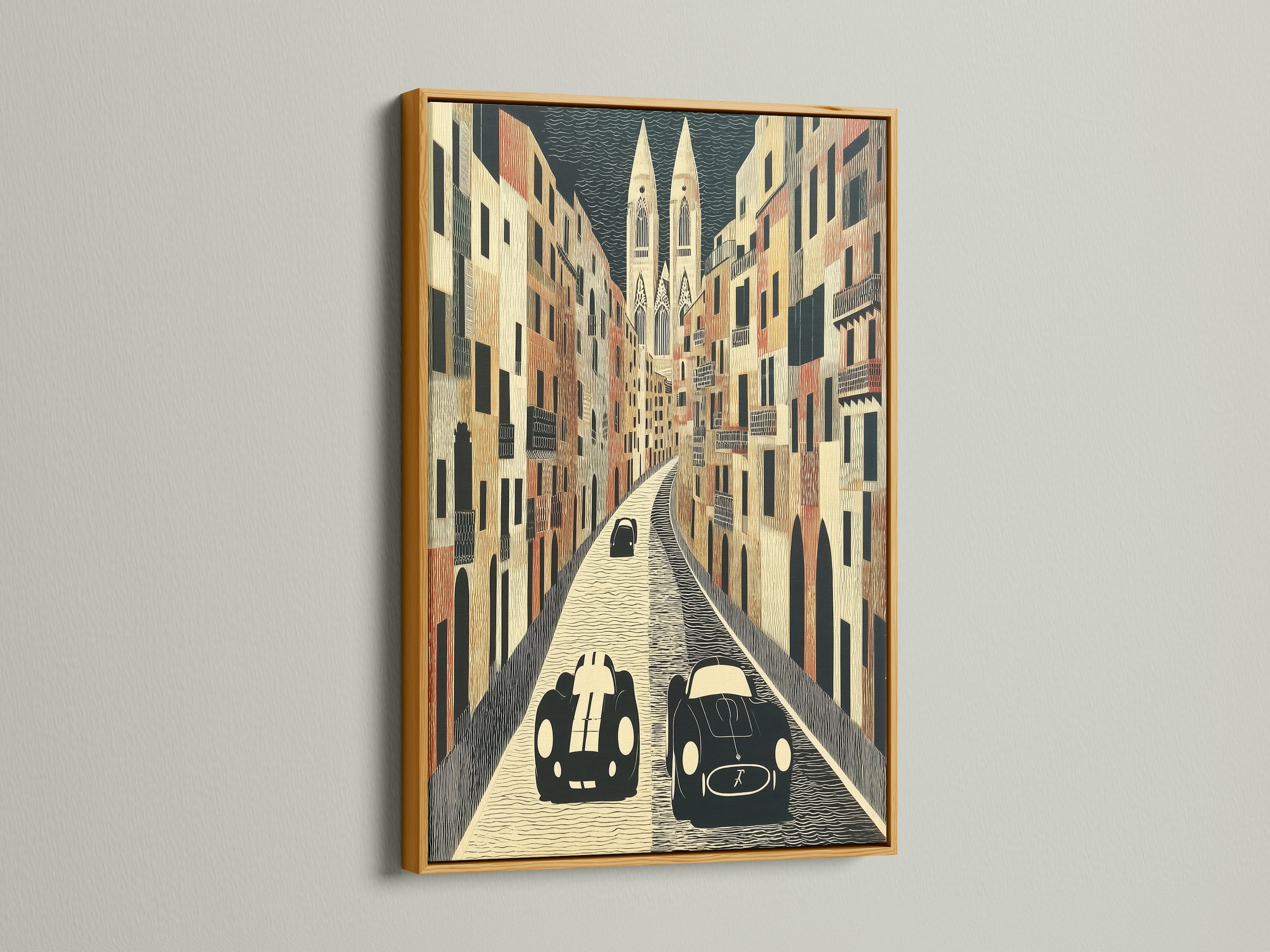 Vintage car artwork in a luxurious gold frame. This European street scene exudes classic elegance. Perfect automobile wall art for a sophisticated living room. The gold frame enhances the retro car poster. Make a statement with this vintage decor.