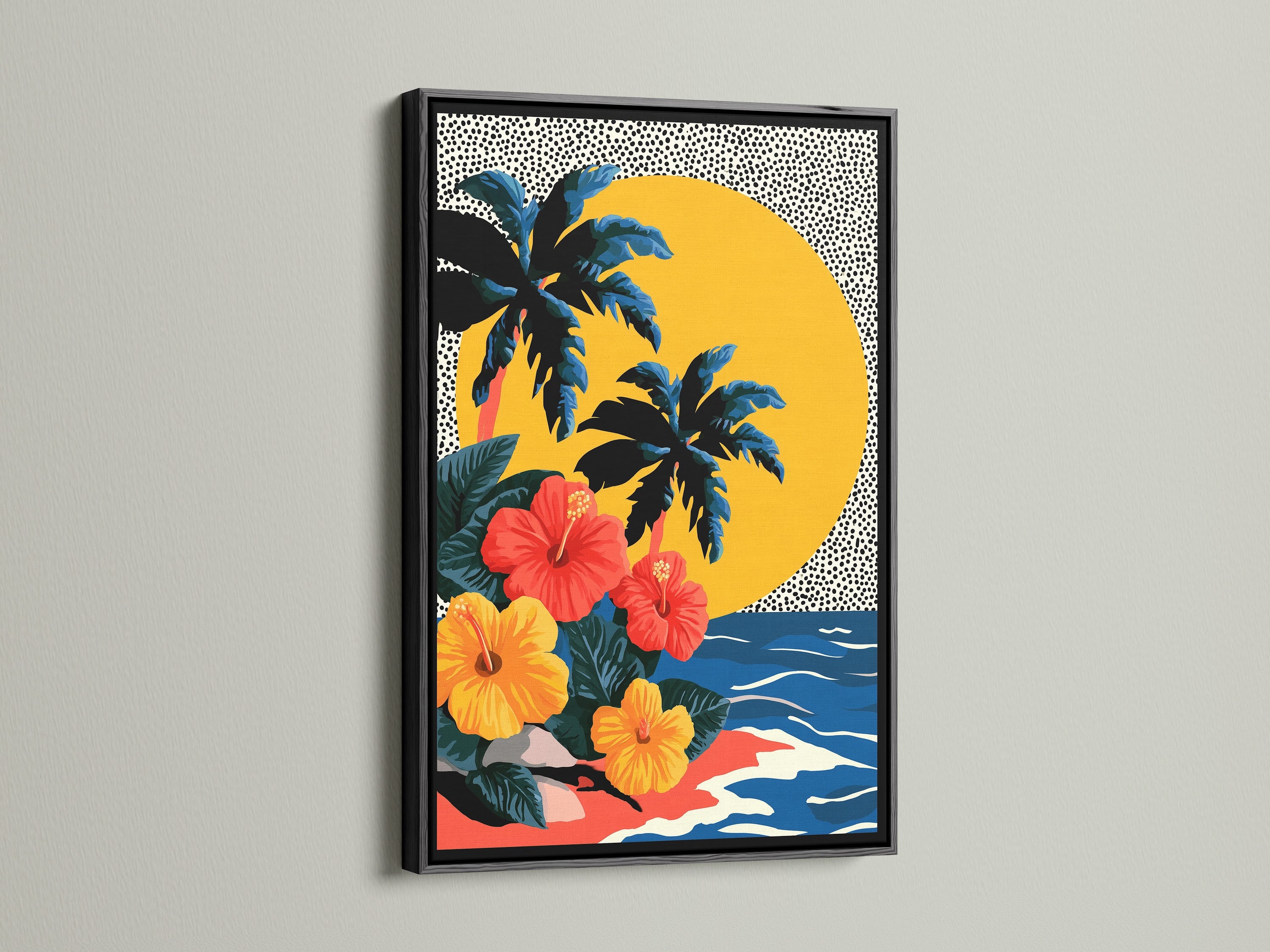 This is a framed artwork featuring a tropical scene. The artwork has palm trees hibiscus flowers and a sun against a dotted background. The artwork has a black frame. The print is mounted on a white wall in a well lit room. The artwork is hung at eye level.