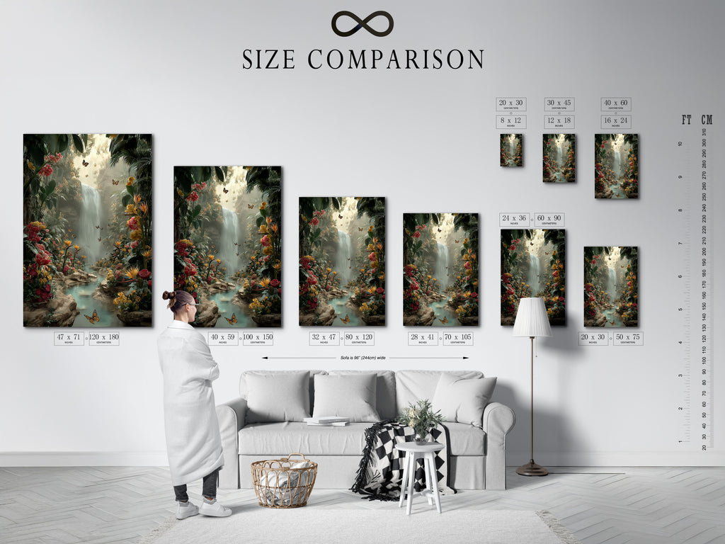 Size comparison chart featuring the Tropical Waterfall artwork in an interior setting. The chart demonstrates how different sizes of the artwork fit in various spaces. Visualize the perfect size for your living room bedroom or office. This artwork brings a touch of nature and tranquility to any decor.