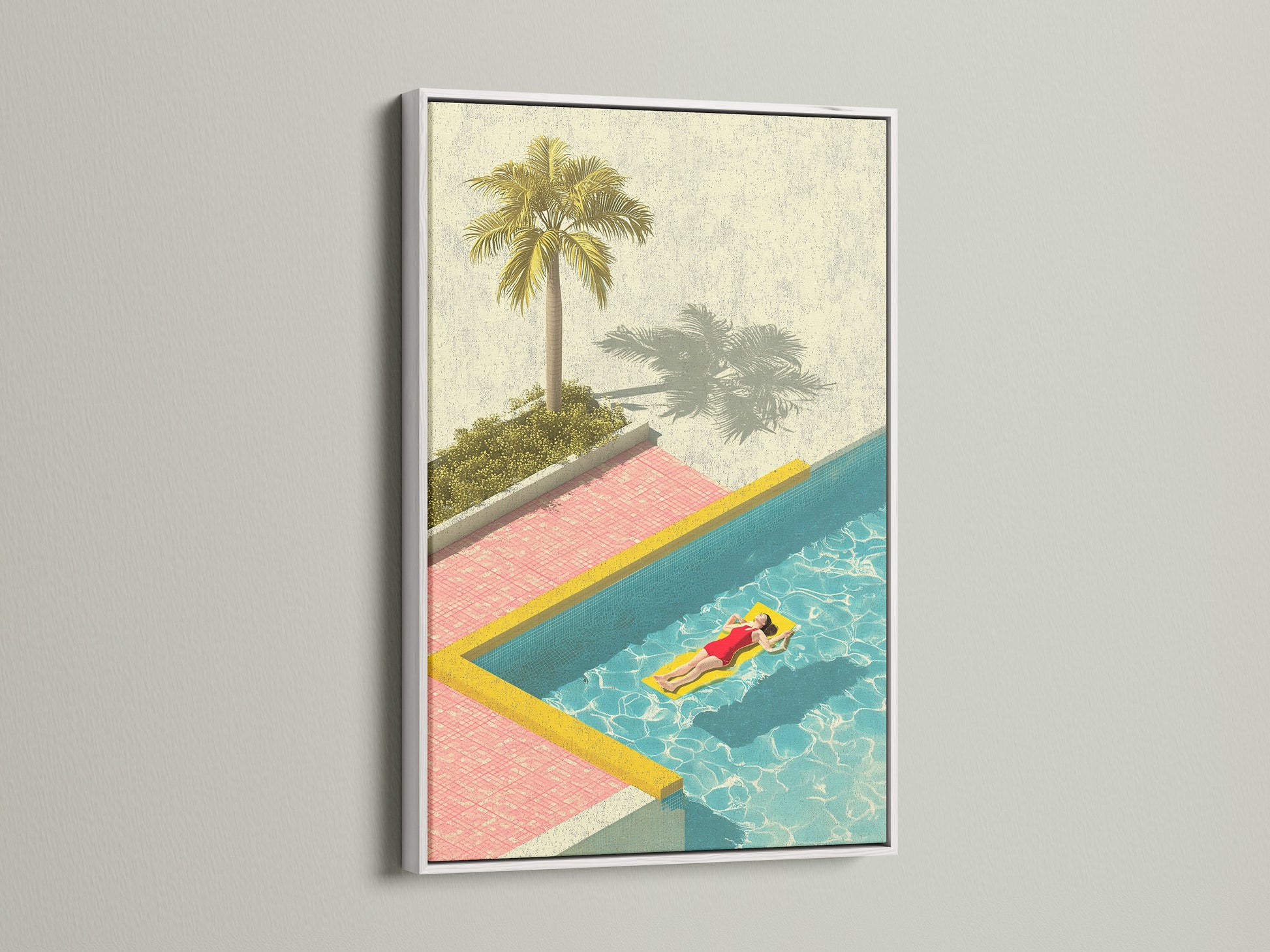 An artwork with a woman on a raft in a pool is showcased in a white frame. The white frame provides a clean and modern look. The frame enhances the artwork's vibrant colors. White frame is a classic choice. Elevate your space with this framed artwork.