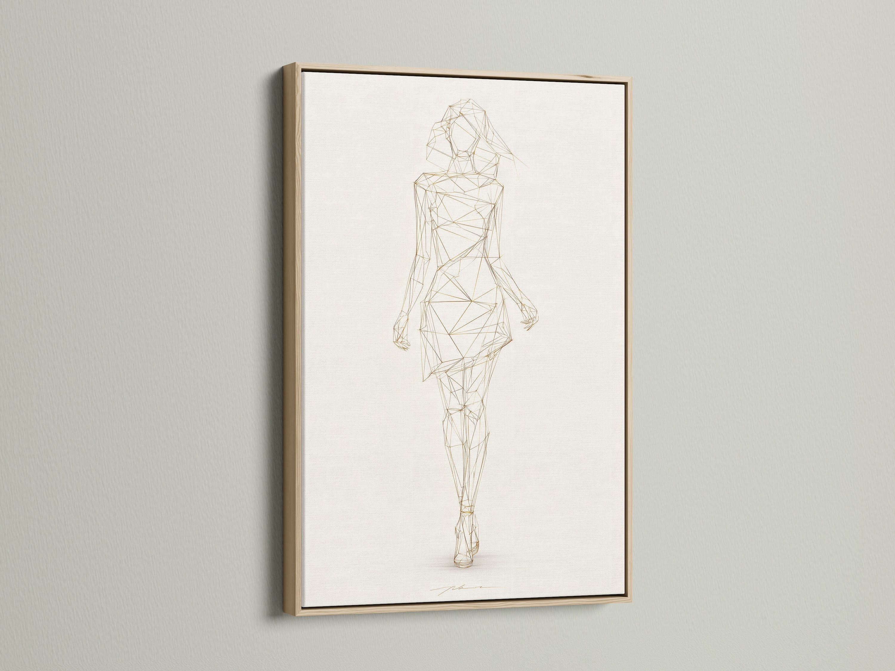 Geometric Woman art in an oak floating frame. This minimalist line drawing is modern fashion sketch artwork. The beige and gold colors complement any room.  It's perfect for the bedroom. Enhance your space with this refined contemporary wall decor. Ideal for minimalist modern or Scandinavian aesthetics