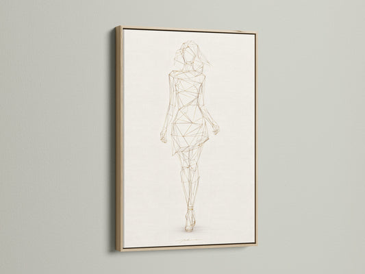 Geometric Woman art in an oak floating frame. This minimalist line drawing is modern fashion sketch artwork. The beige and gold colors complement any room.  It's perfect for the bedroom. Enhance your space with this refined contemporary wall decor. Ideal for minimalist modern or Scandinavian aesthetics