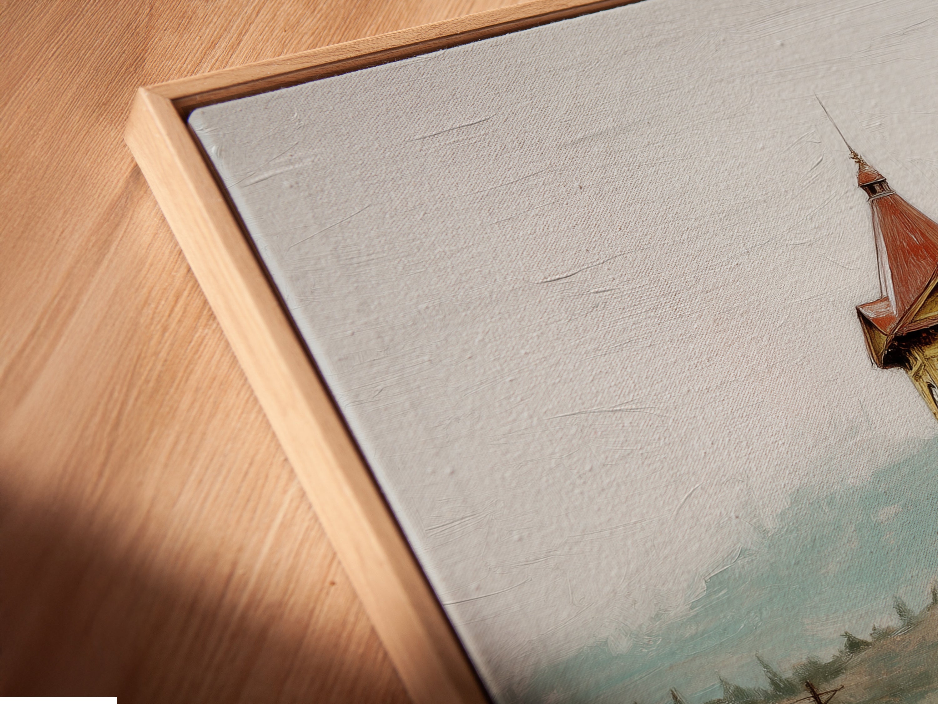 Angled close-up of a canvas print in a floating frame. This vintage train station artwork adds rustic charm. The floating frame enhances the sepia tones. Perfect for adding antique decor to your office or home. Explore our framed art options to enhance your space with timeless railway wall art.