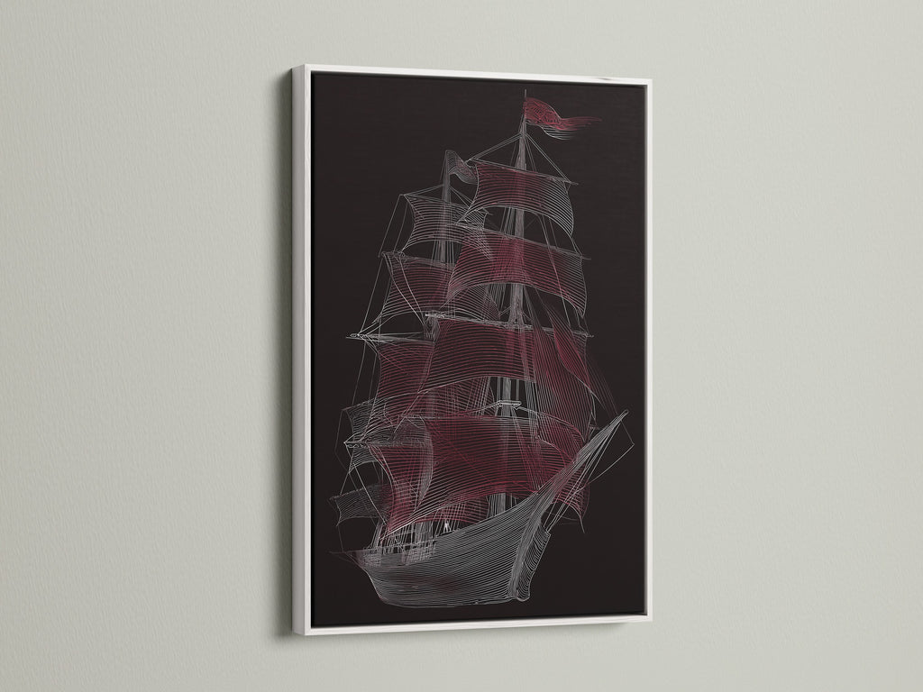 Sailing Ship Artwork in a White Frame. This nautical canvas showcases a vessel wall art piece. It's a line art print that complements coastal office decor. The white frame adds a clean look.