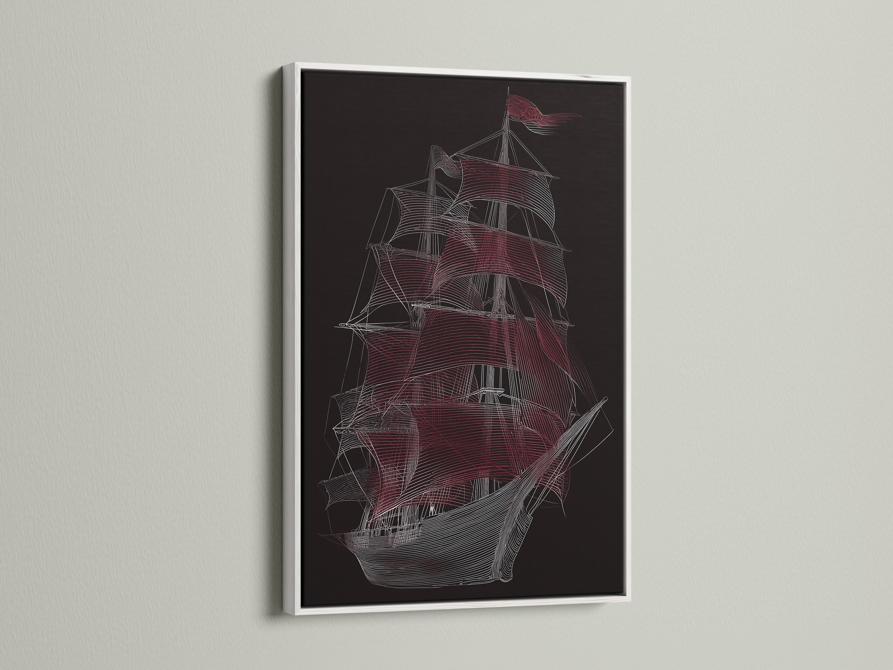 Sailing Ship Artwork in a White Frame. This nautical canvas showcases a vessel wall art piece. It's a line art print that complements coastal office decor. The white frame adds a clean look.
