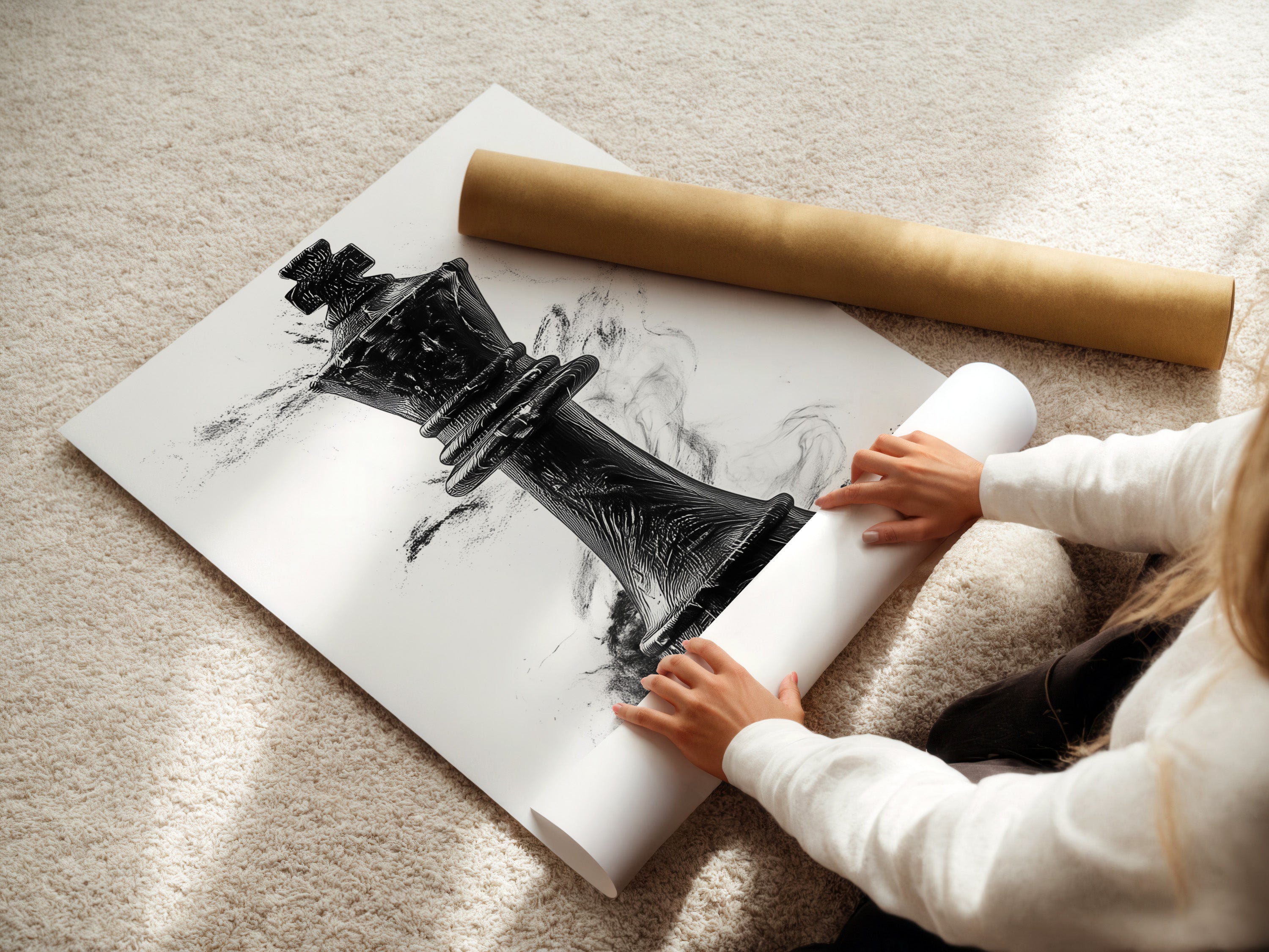 A woman rolling a fine art poster paper. She is preparing it for display. Fine art poster paper ensures high-quality prints. It captures every detail of the artwork. Create stunning displays with our premium fine art poster paper. Perfect for art enthusiasts.
