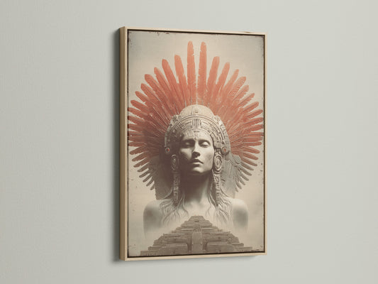 A striking oak frame art piece graces a wall. The artwork depicts a person with red feathers and a temple. This piece adds sophistication to any room. Explore our collection of framed art. Elevate your space with timeless beauty and artistic expression.