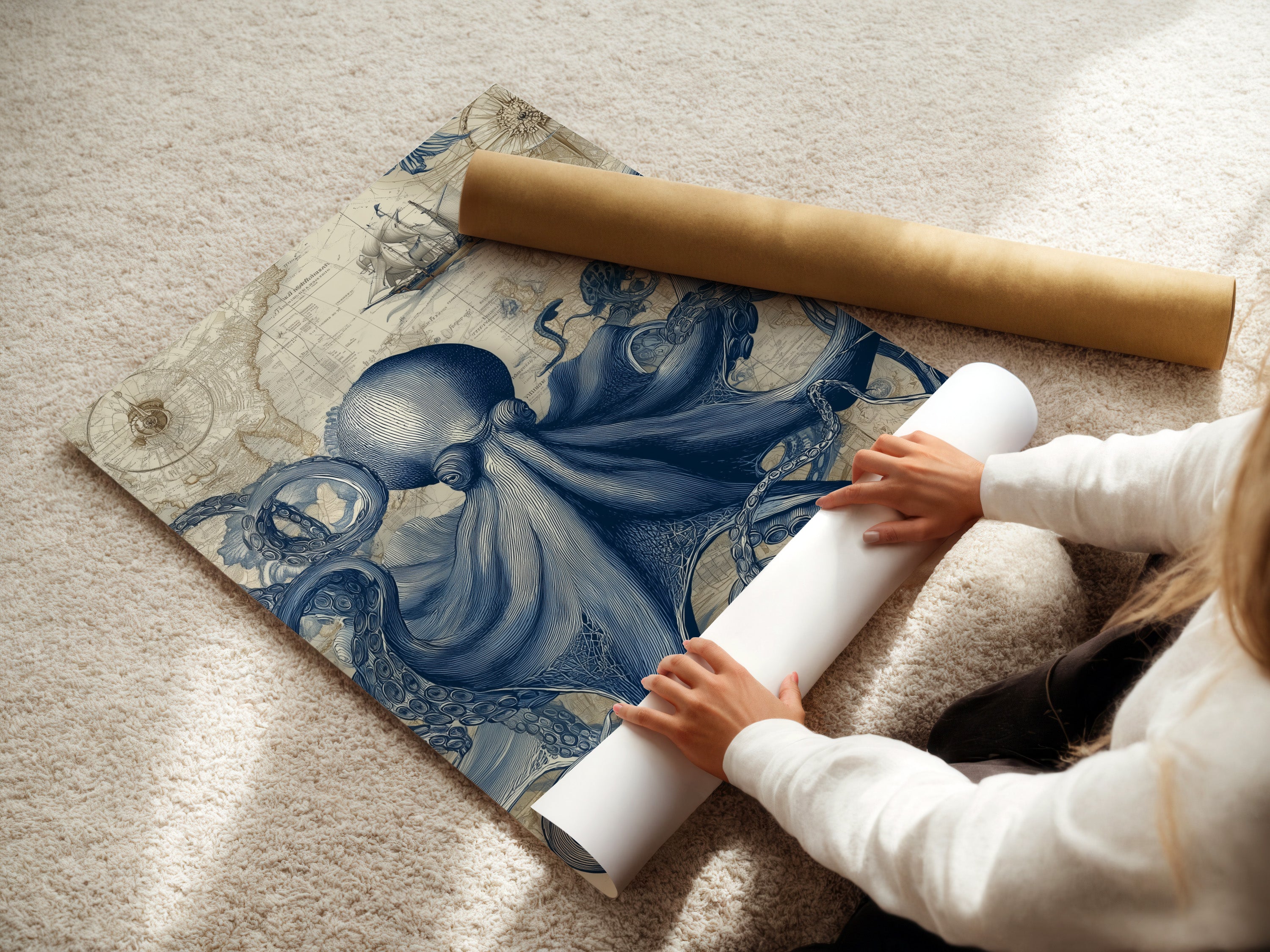 A woman carefully rolls a fine art poster paper. Preserving its quality for framing. Ensure your art remains pristine with our premium materials and expert handling.
